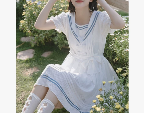 海军领连衣裙夏季学院风奶甜裙子温柔白色元气...