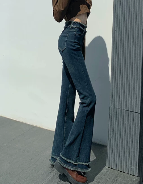 喇叭牛仔裤 牛仔裤喇叭裤高腰复古毛边微喇女...