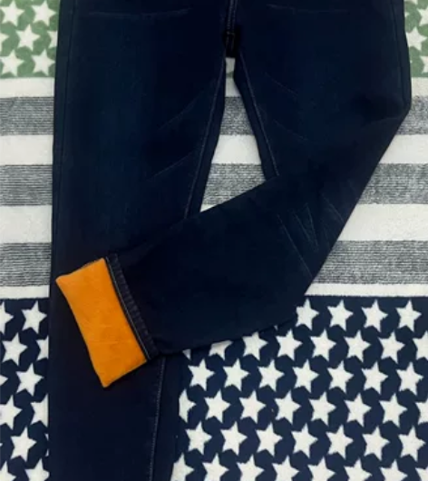 全新，深蓝色高腰加绒牛仔裤，黄金绒，有弹力...