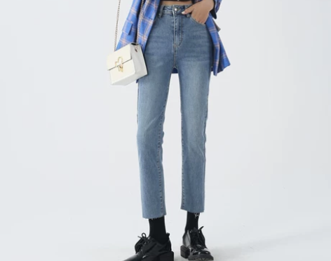 蓝色牛仔裤女春秋高腰九分百搭加绒直筒裤 非...