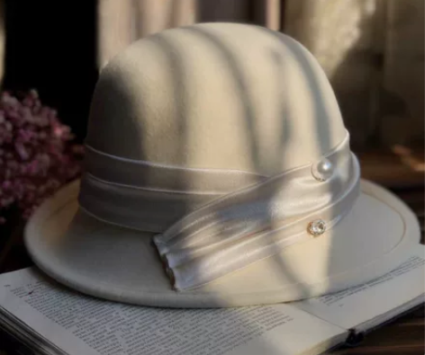 纯羊毛珍珠礼帽盆帽复古赫本风小沿渔夫帽高档...