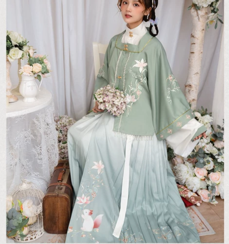 清梳原创松连枝汉服女明制方领半袖刺绣百迭裙...