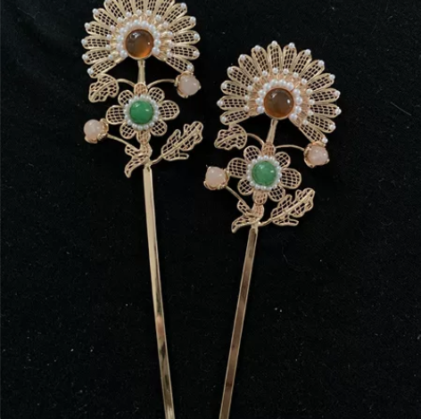 博物馆同款仿花丝镶嵌流苏发梳唐风唐代供养人...