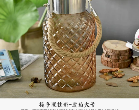 现代创意透明玻璃麻绳花器客厅仿真假花插花餐...