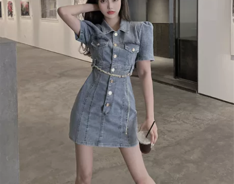 ?牛仔连衣裙女夏季复古小众泡泡袖包臀裙20...