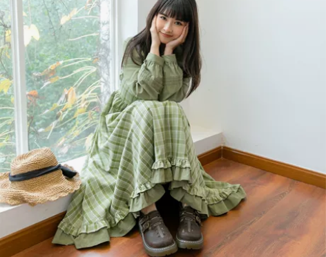 花崎鹿原创设计日系少女古着感宽松大摆裙中长...