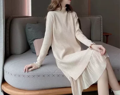 MZOMZO荷叶边假两件拼接打底针织连衣裙...