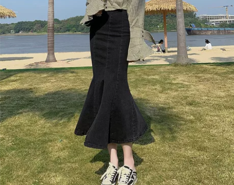 【38活动价】黑色高腰牛仔鱼尾裙半身裙女春...