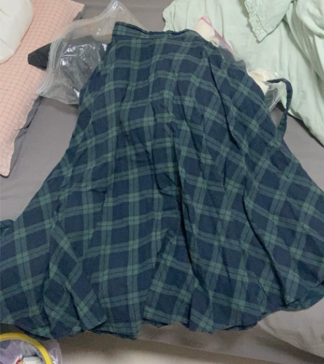 大码长百褶半身裙，绿色格子，田园日系风，布...