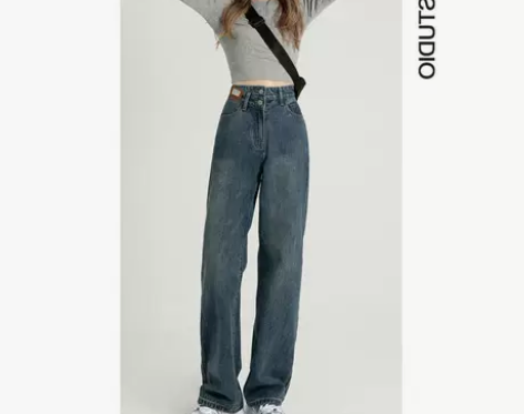 高腰牛仔裤 显瘦高腰牛仔Yi衣菲复古阔腿水...