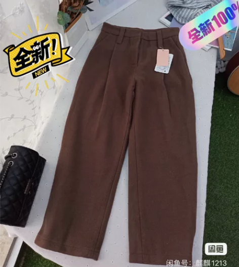 正品果果家网红女裤秋冬款纯色高腰毛呢裤子女...