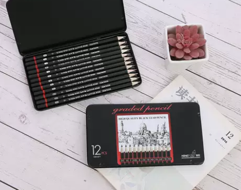 泓伟2H-8B素描铅笔套装跨境12支铁盒装...