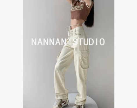 美式机能风多口袋高腰运动裤女夏松直筒抽褶脚...