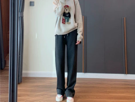 宽松垂感加厚加绒拖地阔腿针织休闲直筒裤女秋...