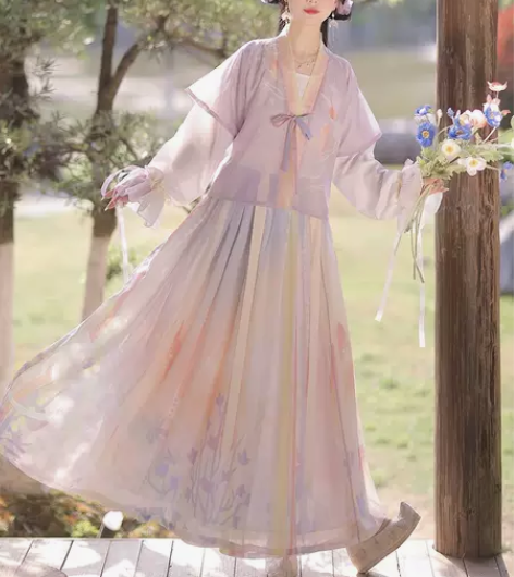 洛苓唐褙子汉服女圆领短衫褶裙原创齐腰中国风...