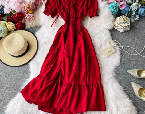 红色连衣裙女夏一字肩雪纺长裙收腰显瘦法式温...