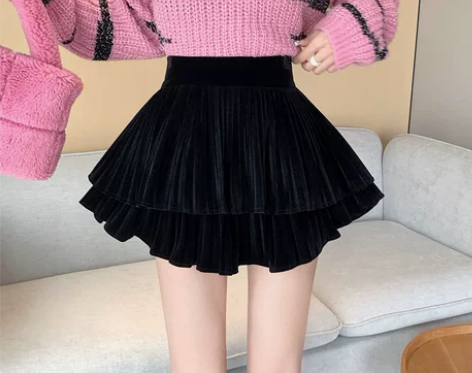 丝绒蛋糕裙2022秋冬新款小个子黑色百褶裙...