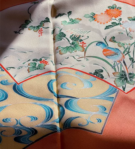 橘色花鸟付下和服真丝蚕丝面料中古回流 珠光...