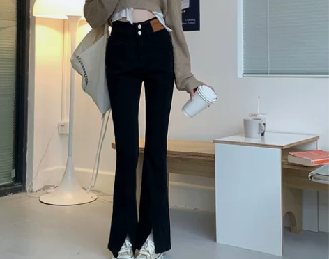 ?开叉微喇叭牛仔裤女秋冬新款复古辣妹高腰显...