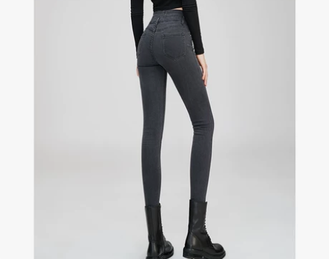 烟灰色高腰牛仔裤女显瘦显高弹力小脚裤202...