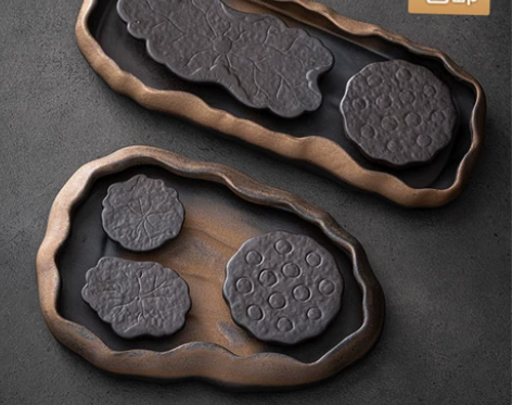 创意手工粗陶鎏金干泡茶盘莲池干泡盘储水茶台...