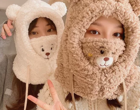 毛绒可爱小熊口罩一体帽子女秋冬韩版骑车防风...