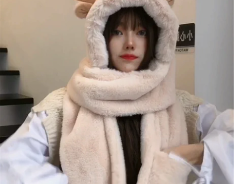 帽子女秋冬季围巾一体可爱韩版潮雷锋帽冬手套...