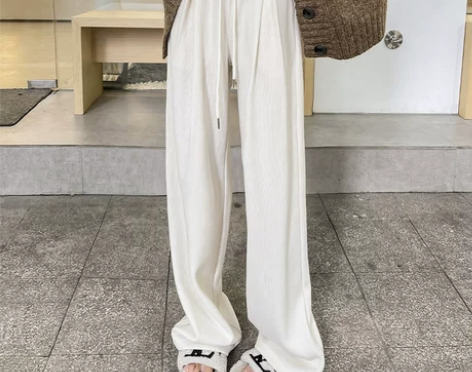 阔腿裤 阔腿裤长裤米白色雪尼尔女秋冬季高腰...