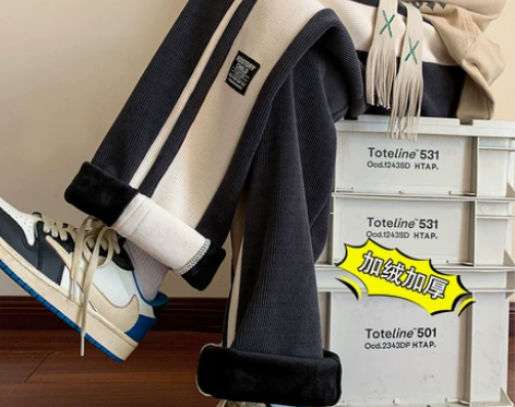 雪尼尔加绒条纹卫裤男美式复古阔腿直筒裤秋冬...