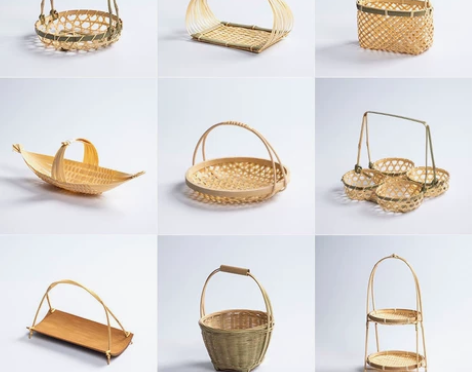 竹编小提篮圆形提手茶点水果篮子 糕点托盘创...