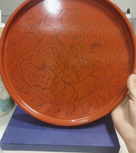 日本漆器 祖雅堂 厚实木胎 大漆 牡丹雕...