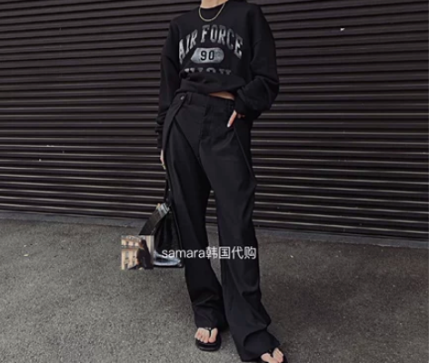 韩国东大门代购 腰部纽扣褶间设计拖地西装裤...