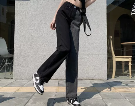 拼色牛仔裤女夏季新款高街复古辣妹设计感小众...