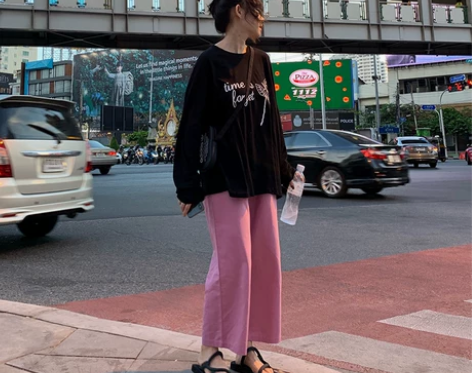 荒荒家松紧腰休闲裤女夏季高腰直筒阔腿裤宽松...