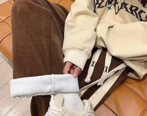 灰色条纹拼接男裤子秋冬新款宽松直筒灯芯绒加...