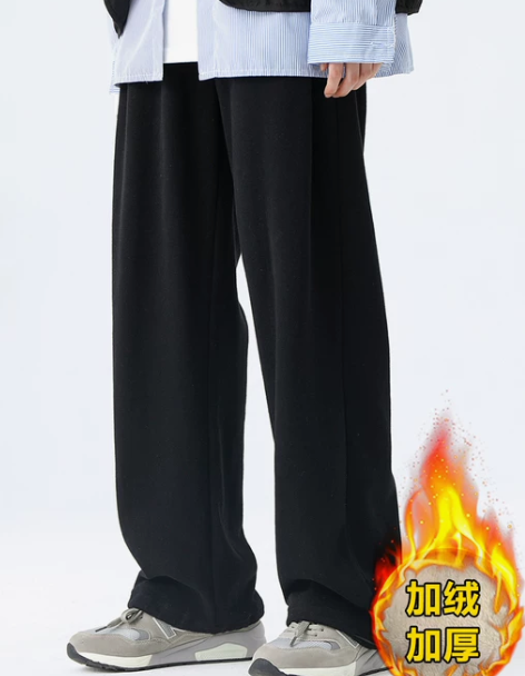 裤子男黑色直筒加绒休闲长裤2022新款秋冬...