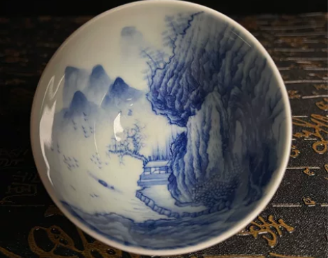 古香舍柴窑青花内外满绘工笔康熙山水主人杯景...
