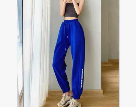 蓝色运动裤女卫裤加绒春秋潮牌炸街休闲宽松显...