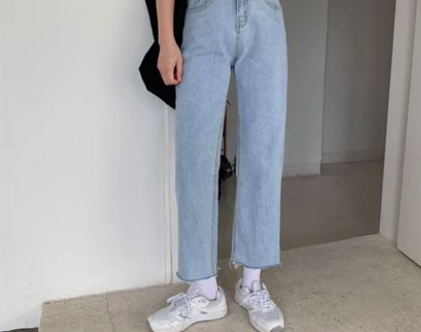 高腰显瘦显高阔腿撕边九分裤牛仔裤2019早...