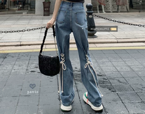 辣妹裤子设计感高腰显瘦牛仔裤女早春直筒裤阔...