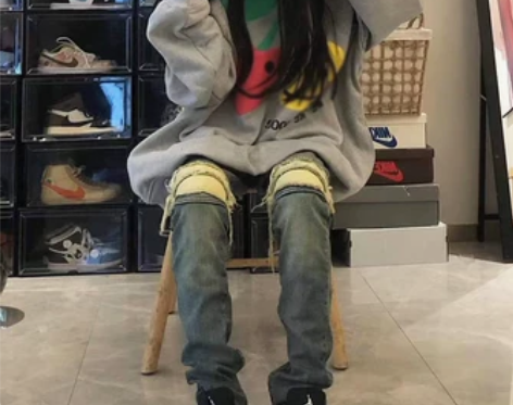 ?美式国潮高街vibe风破洞牛仔裤子女夏季...