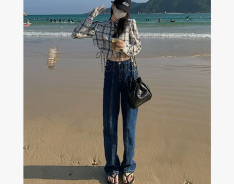 白水女 深蓝色高腰牛仔裤女春秋显瘦设计感小...