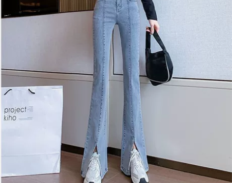 高腰黑色开叉牛仔裤女春秋新款显高显瘦阔腿拖...