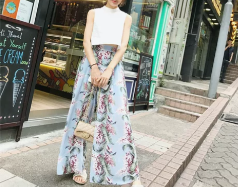 夏季新款韩版高腰印花雪纺阔腿裤女装宽松显…...