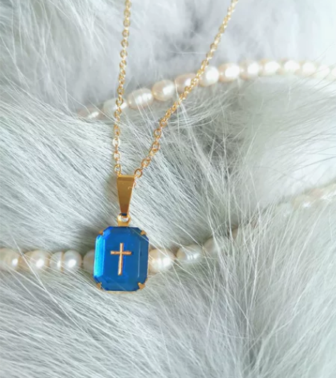 Vintage冰域 古典十字架蔚蓝琉璃项链...