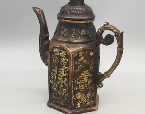 古玩铜器收藏,鎏金福禄寿壶,工艺精湛 ,包...