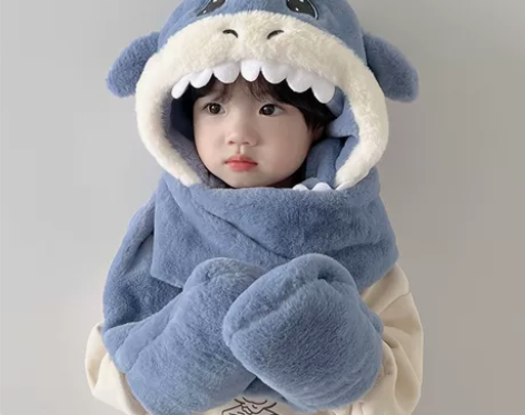 儿童帽子冬季毛绒帽男女童帽子围巾手套连体一...