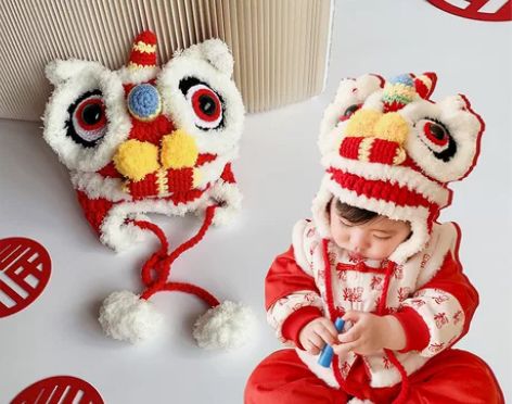 新生儿宝宝满月毛绒帽 新年中国风虎头帽 纯...