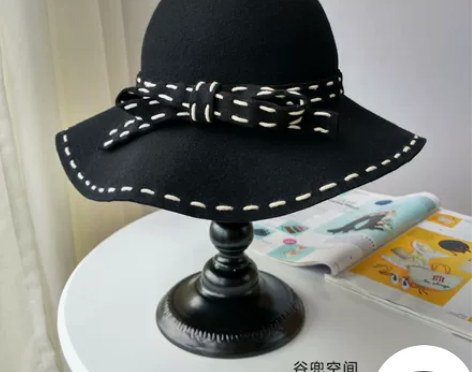 秋冬优雅手工穿绳礼帽盆帽时装帽子渔夫帽拼色...