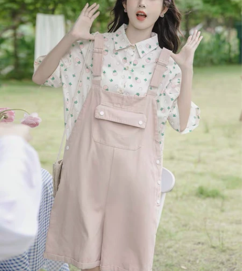 藕粉色背带裤女 夏季 减龄宽松 没有上衣 ...